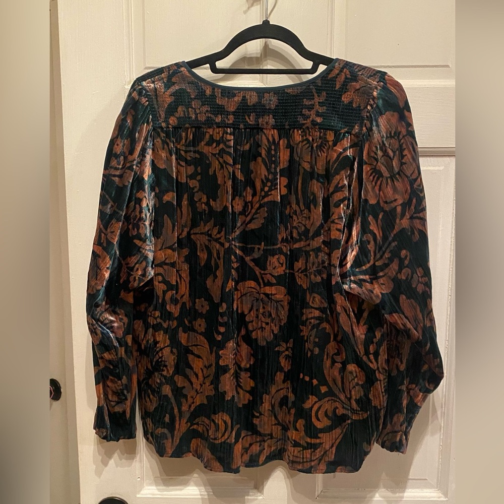 Anthropologie women’s blouse blue teal pink floral velvet